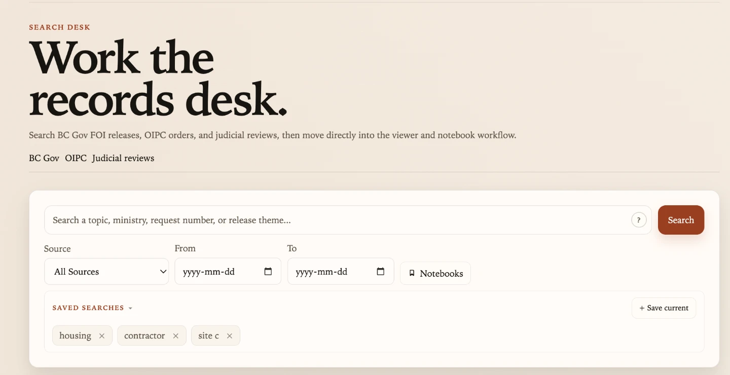 The TransparencyBC Search Desk, from the published project walkthrough.